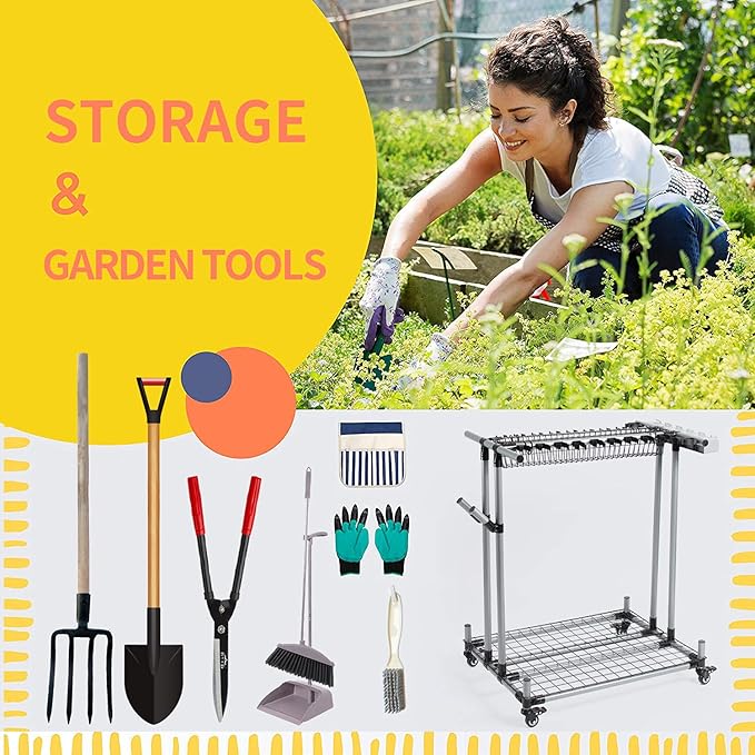 Mobile garden tool organizer metal Garage Storage Holder storage large long lawn tools heavy duty tool rack sturdy yard cart-VerdiqueGarden