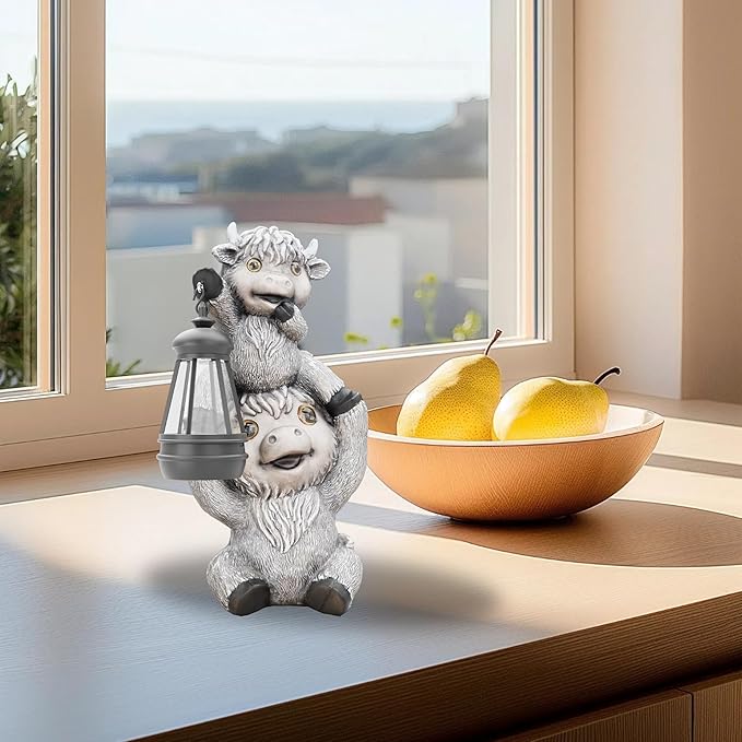 Highland Cow Statues with Solar Lights, Highland Cow Resin Figurine Lights, Highland Cow Ornaments for Patio, Balcony, Indoor Decoration and as Gifts-VerdiqueGarden