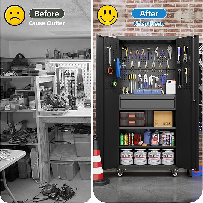 Metal Garage Cabinet with Wheels,71''H Rolling Lockable Steel Tool Cabinet with Pegboard & 1 Drawer for Garage,Home,Office Assembly Required,Black/Red-VerdiqueGarden