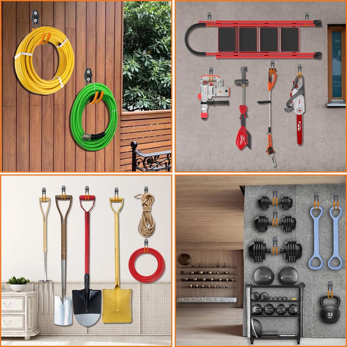 3-H Garden Hose Holder Wall Mount 4 Pack,Solid Steel Hose Hanger,Water Hose Holders for Outside,Perfect for Hanging Outdoor Air Hose,Ropes,Pipes,Garden Tools,Ladders,Bikes,Bulk Items(Orange)-VerdiqueGarden