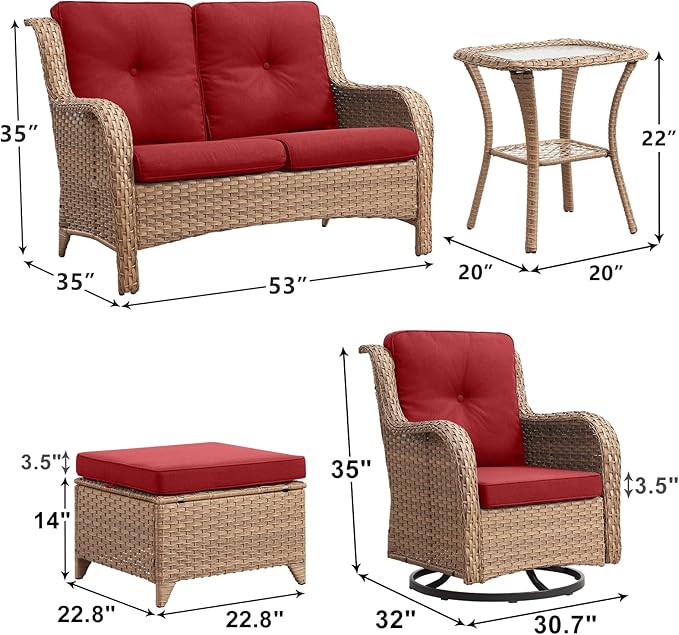 Outdoor Wicker Patio Furniture Set - 6 Piece Rattan Patio Conversation Set with 2 Rocking Swivel Chairs,2 Ottomans,1 Loveseat and 1 Side Table for Porch Deck Backyard Garden(Yellow/Red)-VerdiqueGarden