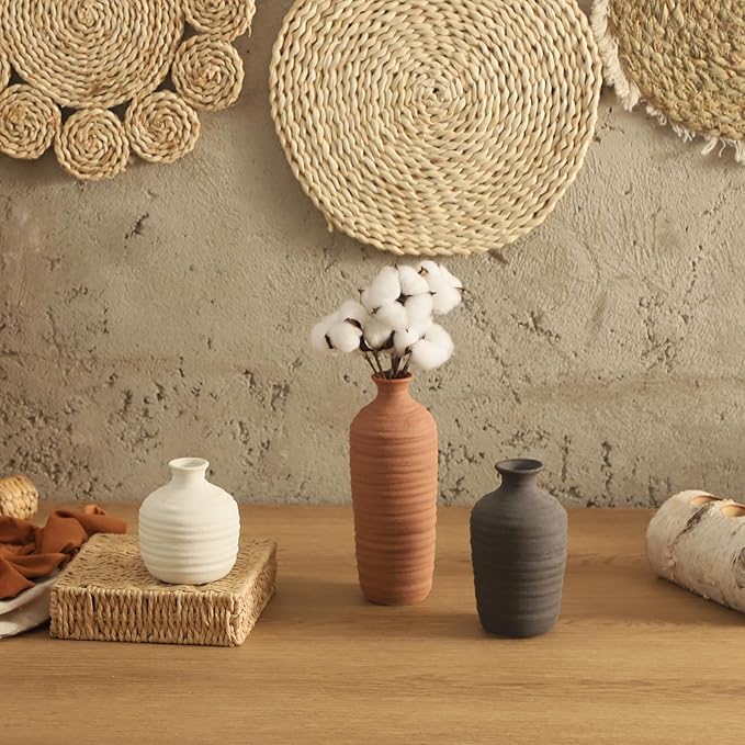 Ceramic Vase Set of 3 Neutral Decorative Vase for Farmhouse, Boho, or Rustic Home Decor Pottery Vases for Pampas Grass Living Room Bedroom Table Mantel Entryway Shelf (01-Brown)-VerdiqueGarden