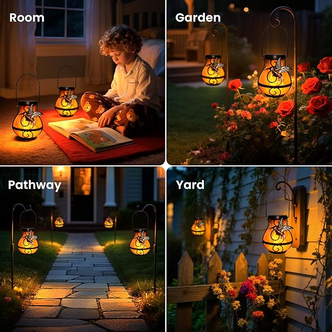 Solar Lights Outdoor Decorative, Hummingbird Flickering Flame Lantern Waterproof, Garden Decor Hanging Lights for Outside Patio Pathway Yard, Christmas Birthday Gifts, 2 Pack-VerdiqueGarden