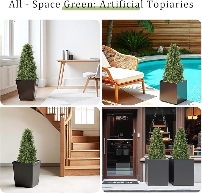 3ft Artificial Boxwood Topiary Trees (Set of 2) - UV Resistant Faux Plants Outdoor, Realistic 36" Fake Cone Bushes and Shrubs for Front Porch, Planter, Patio - Low Maintenance & Evergreen-VerdiqueGarden