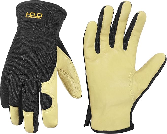 HANDLANDY Leather Work Gloves for Men & Women, Reinforced Durable Garden Gloves, Cowhide Working Glove for Gardening-VerdiqueGarden