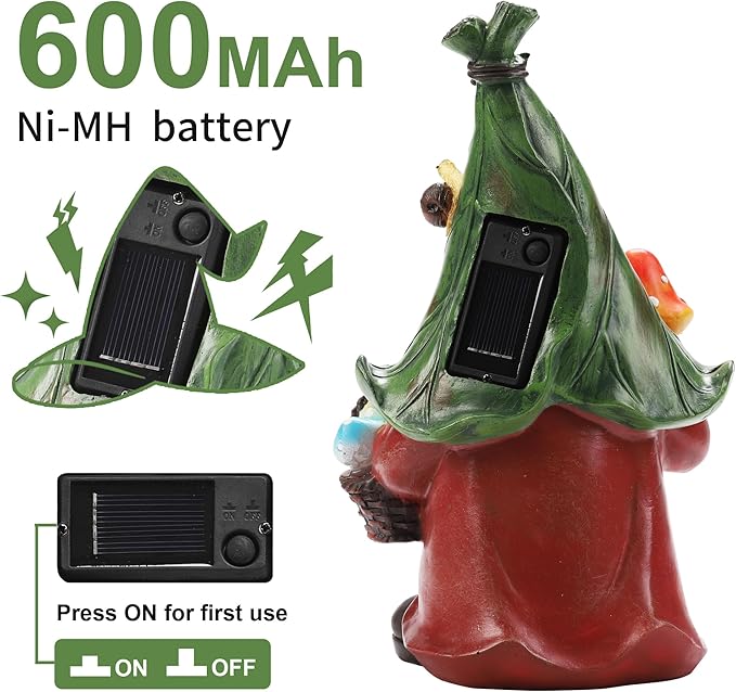 Mushroom-Picking Gnome Solar Garden Statue with 3 LED Lights, Set with 1 Gnome and 2 Small Mushroom, Lovely Garden Gnome Set for Patio, Yard, Lawn Ornament, Outdoor Decor-VerdiqueGarden