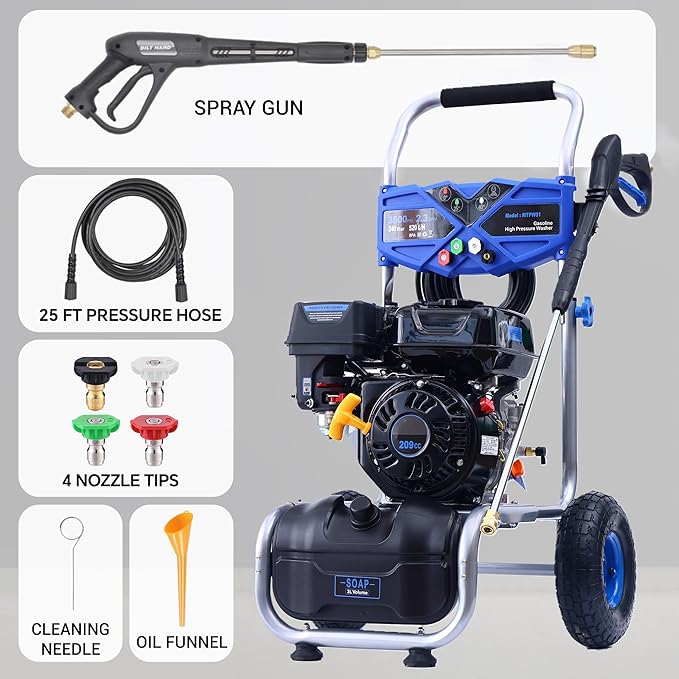 3500 PSI Gas Pressure Washer, 2.3 GPM Power Washer with 209CC Engine, Maintenance-Free Axial Cam Pump, 25FT Hose, 4 Nozzles for Driveways, Walls, Vehicles, Patio (Blue)-VerdiqueGarden
