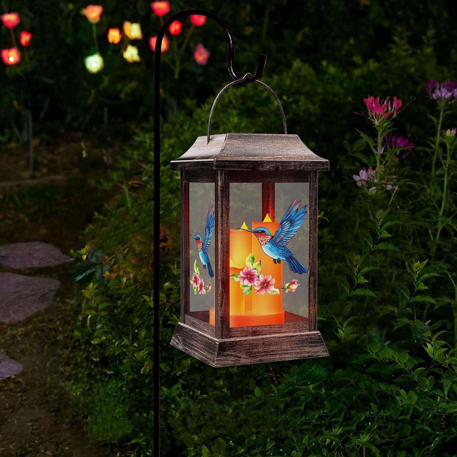 Hummingbird Solar Lanterns Outdoor, Metal Glass Hanging Solar Lights, Gardening Gifts for Mom Women Mother's Day, Waterproof Garden Decor Decorative Lights for Outside Yard Porch Patio Decorations-VerdiqueGarden