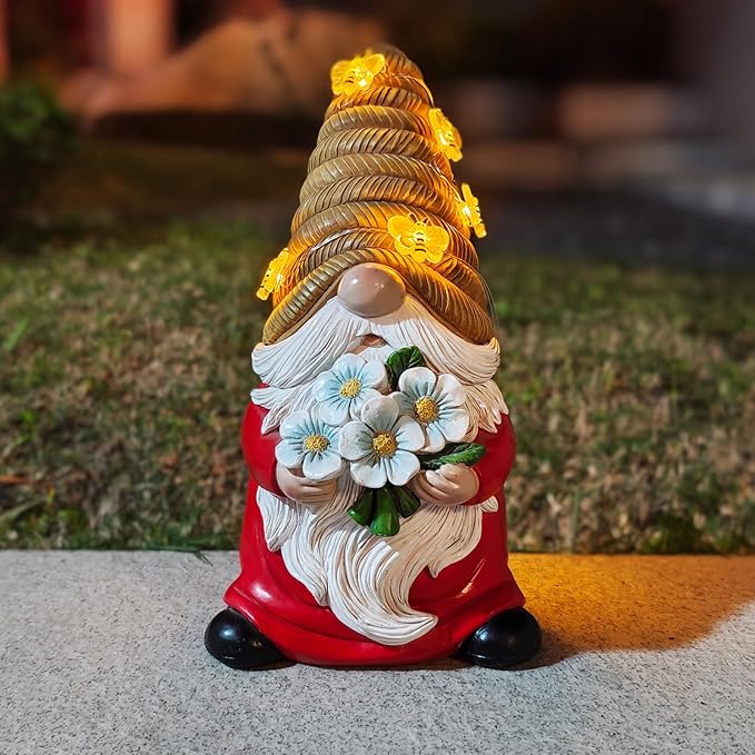 Outdoor Garden Gnomes Statue, Bee Flower Gnome Sculpture, with Solar LED Lights for Yard, Patio, Lawn Ornaments for Garden, Patio Gnome Gifts for Mom-VerdiqueGarden