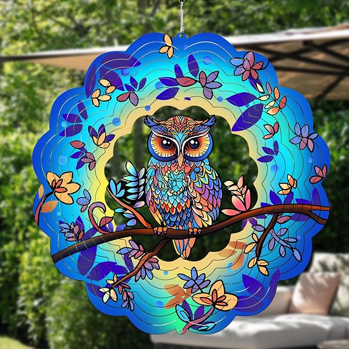 Owl Metal Wind Spinners Owl Gifts for Mom Women Grandma,12inch Hanging Wind Spinner for Outdoor&Indoor Decor Wind Kinetic Christmas Mother Ornament Gifts for Yard Garden Decoration-VerdiqueGarden