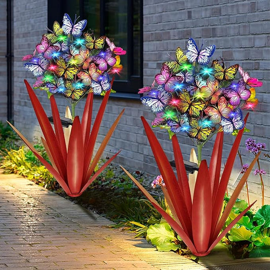Homight Solar Metal Agave Butterfly Flower Stick Garden Sculpture - Outdoor Christmas Lights, Swaying Solar Lights Gift (2 PCS RED)-VerdiqueGarden