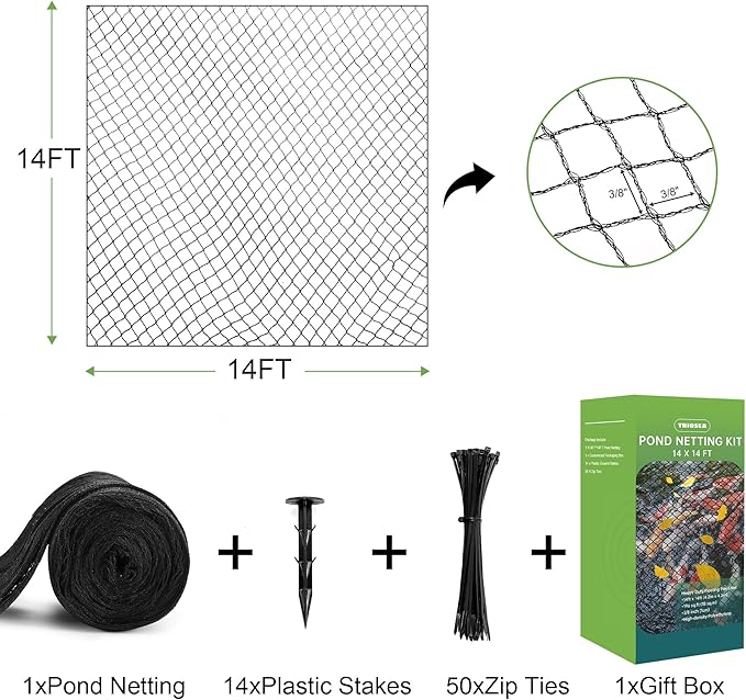 Pond Netting, Pond Netting for Koi Ponds 14 x 14 FT Pond Net, Heavy Duty Woven Fine Mesh Pond Garden Pool Netting Kit for Leaves to Catch Leaves and Debris, Protects Koi Fish from Birds Cats Predators-VerdiqueGarden