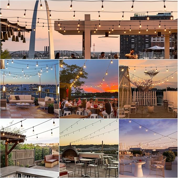 Svater 48 FT Outdoor String Lights 2W, Commercial Grade Patio Light with 15 pc Edison Shatterproof Bulbs, IP65 Waterproof LED Hanging Lighting for Bistro Cafe Market Outside Backyard, Warm White 2700K-VerdiqueGarden