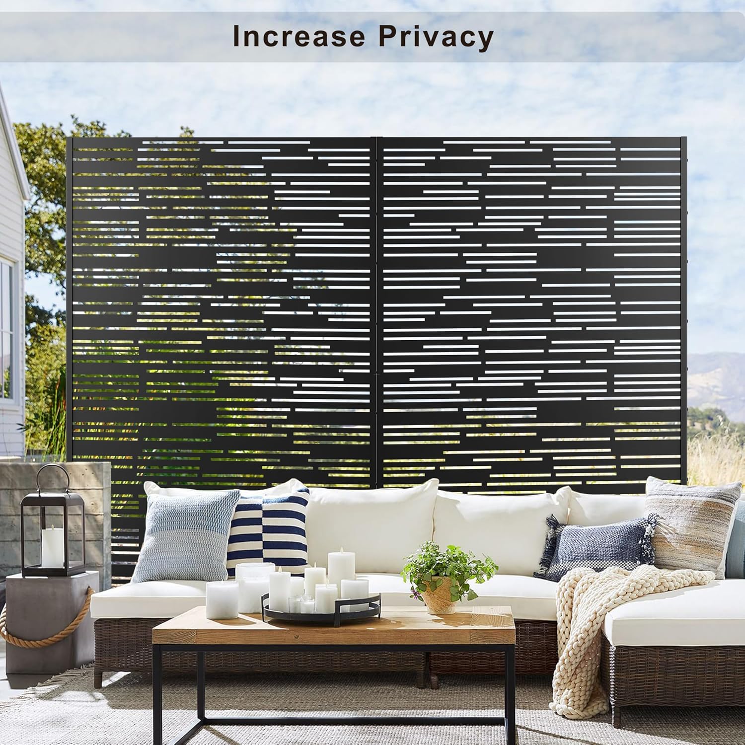 Metal Privacy Screen Outdoor 72" H×47" W,Freestanding Decorative Privacy Screen for Balcony Yard&Garden,Privacy Fence-Black&Shine-VerdiqueGarden