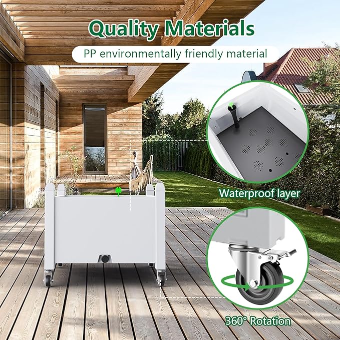 Horticulture Garden Bed with Legs, Divisible Resin Planter Box for Backyard, Patio, Balcony, with 4 Legs, 4 Swivel Lockable Wheels(Ashen,30.04 * 17.72 * 17.56)-VerdiqueGarden