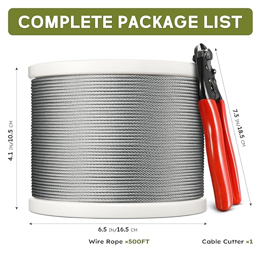 500FT 1/8" T316 Stainless Steel Cable, Wire Rope Aircraft Cable for Deck Cable Railing Kit and DIY Balustrades, 7x7 Strands Construction, Comes with a Cutter