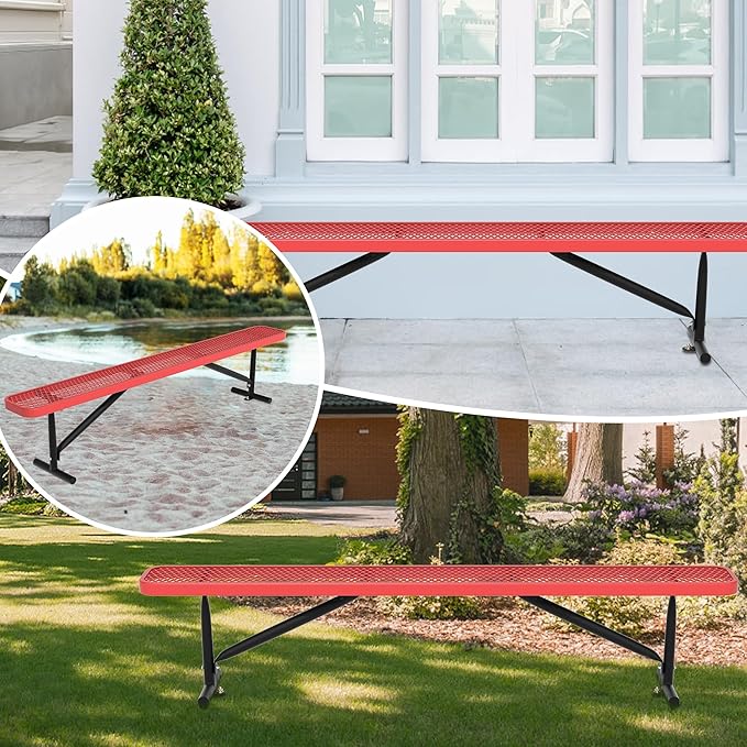 48" L Outdoor Steel Flat Bench, Heavy Duty Metal Park Bench for Outside, Expanded Metal, Commercial Benches Mesh Bench for Shopping Mall, Store, Lawn, Park, Patio, Deck, Garden (Red, 8FT)-VerdiqueGarden