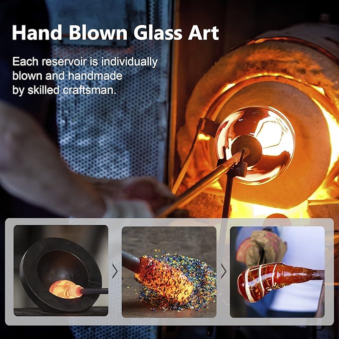 LUJII Hand Blown Glass Hummingbird Feeder for Outdoors Hanging with Ant Moat, 25 fl.oz, Leak Proof & Rustproof, Metal Base with 5 Feeding Ports & 5 Perches, Unique Garden & Backyard Decor (Ribbon)-VerdiqueGarden