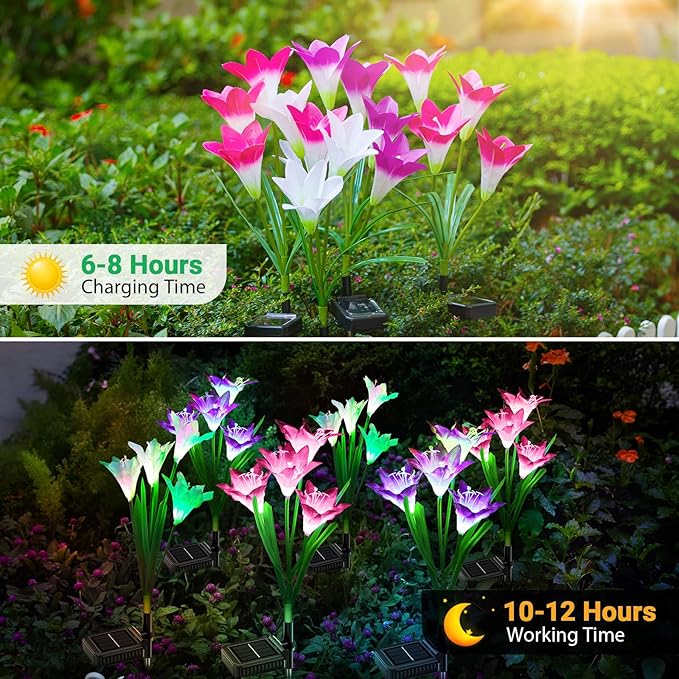 WdtPro Solar Lights Outdoor Garden Decorative Flowers 6 Pack, Waterproof Solar Garden Lights with 24 Lily Flowers, Multi Color Changing LED Solar Powered Landscape Lights for Yard Garden Patio-VerdiqueGarden