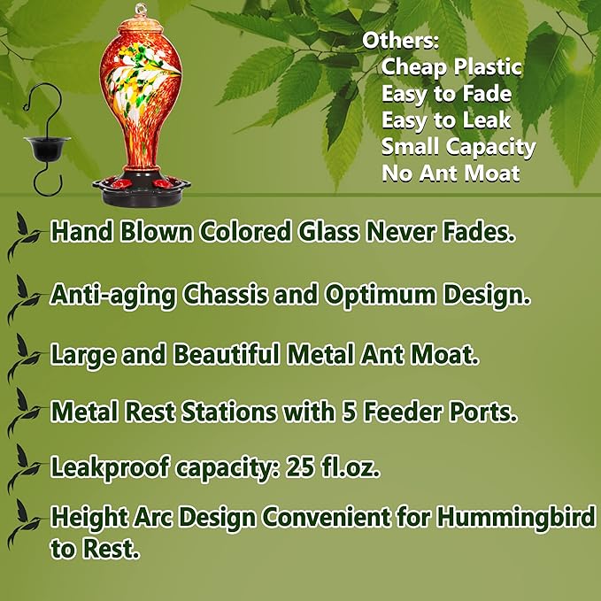 LUJII Hummingbird Feeder for Outdoors, Hand Blown Glass Humming Bird Feeder, Anti Fade Leakproof with 25 Ounces Nectar Capacity, Easy to Install Clean Refill, Include Hook & Ant Moat (Red)-VerdiqueGarden