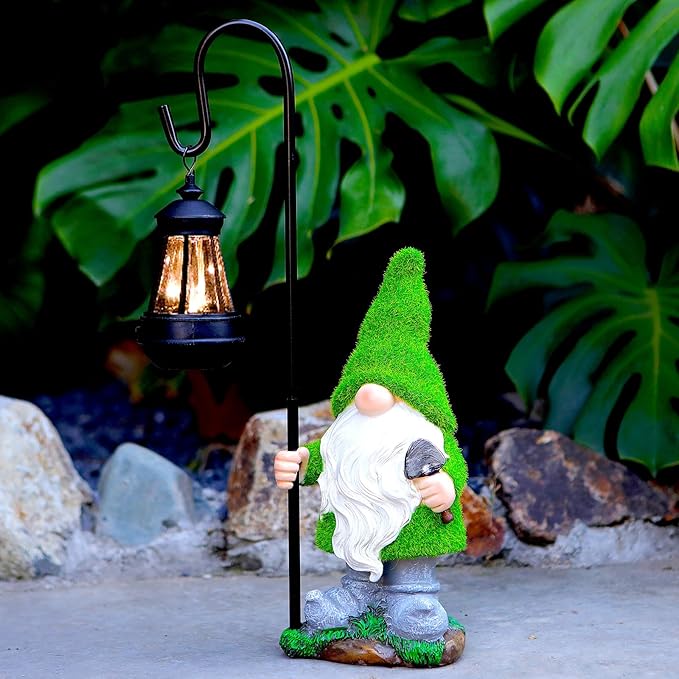 Flocked Garden Gnome Statue, Large Outdoor Gnome with Solar Lights, Funny Garden Figurines for Outdoor Home Yard Decor (15.8 Inch Tall)-VerdiqueGarden