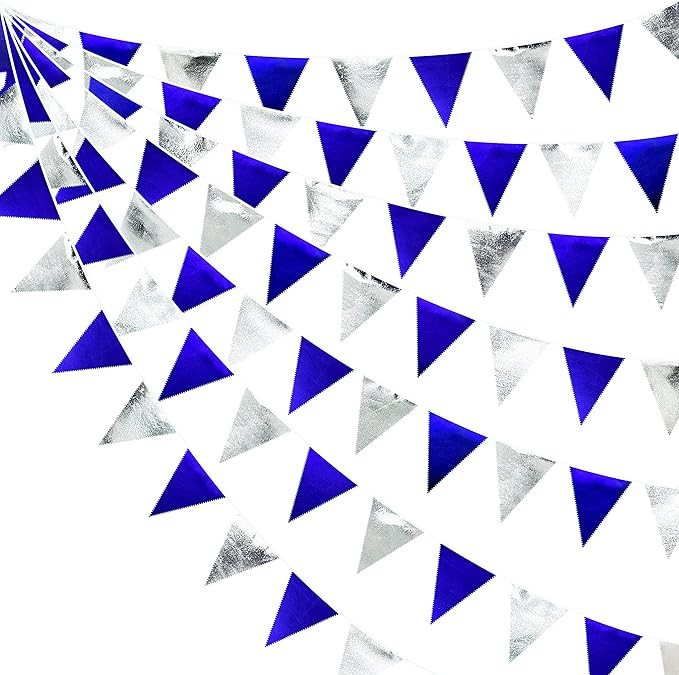 Royal Blue Silver Party Decorations Navy Blue Triangle Pennant Banner Flag Metallic Fabric Bunting Garland for Birthday Graduation Wedding Retirement Nautical Ahoy Achor Pirate Theme Party Supplies-VerdiqueGarden
