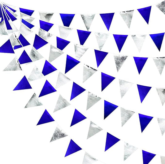 Royal Blue Silver Party Decorations Navy Blue Triangle Pennant Banner Flag Metallic Fabric Bunting Garland for Birthday Graduation Wedding Retirement Nautical Ahoy Achor Pirate Theme Party Supplies-VerdiqueGarden
