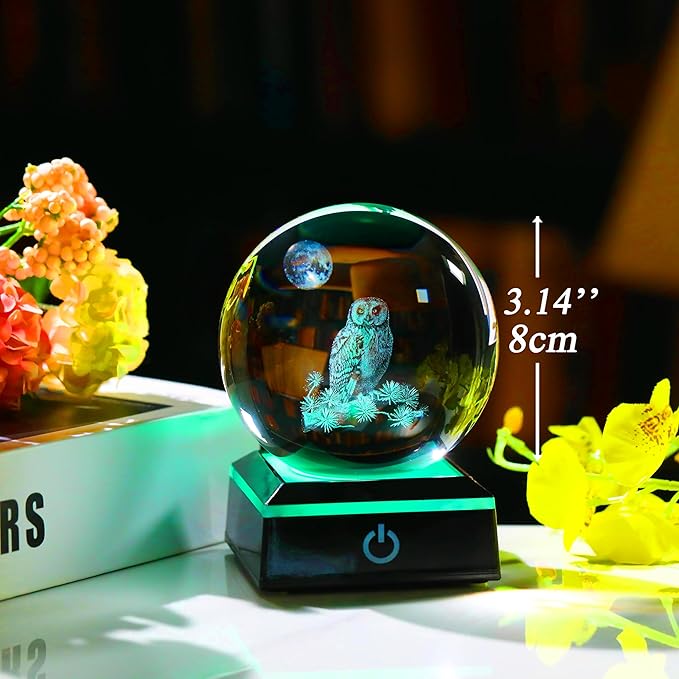 Qianwei Owl Gifts for Women 3D Crystal Ball 3.14'' - Laser Owl Decor Glass Animals Bird Figurines Statue Stuff for Room Decorations Bird Night Light-VerdiqueGarden