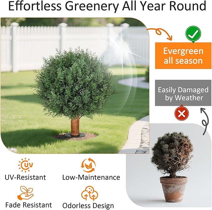 Artificial Cedar Topiary Ball Trees with Ground Spike Set of 2, 24.6 inch UV-Resistant Faux Shrubs for Indoor/Outdoor Decor – Fake Cypress Perfect for Garden, Porch, and Patio-VerdiqueGarden