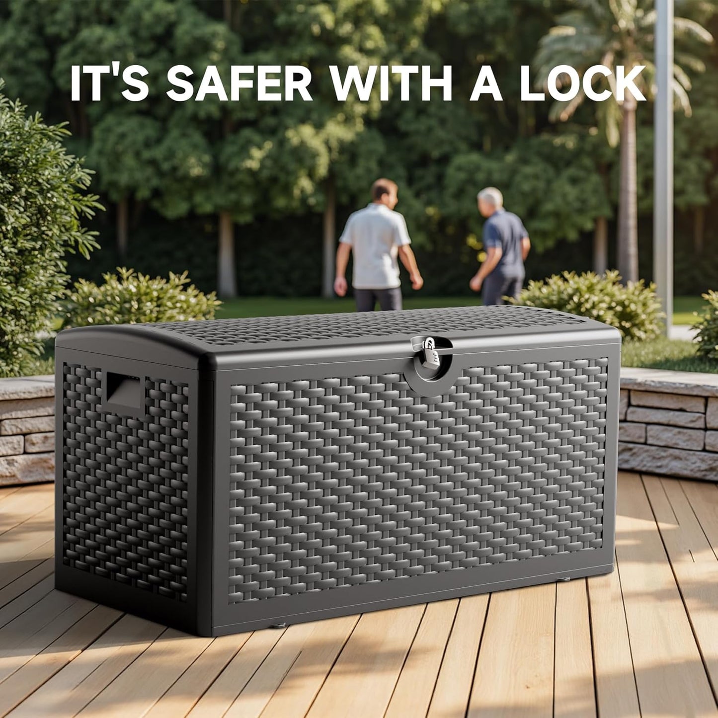 80 Gallon Deck Box, Double Layer Waterproof Resin Outdoor Indoor Storage Box, Lockable & UV Resistant Storage Bin for Patio Furniture, Garden Tools, Pool Accessories (Black)-VerdiqueGarden