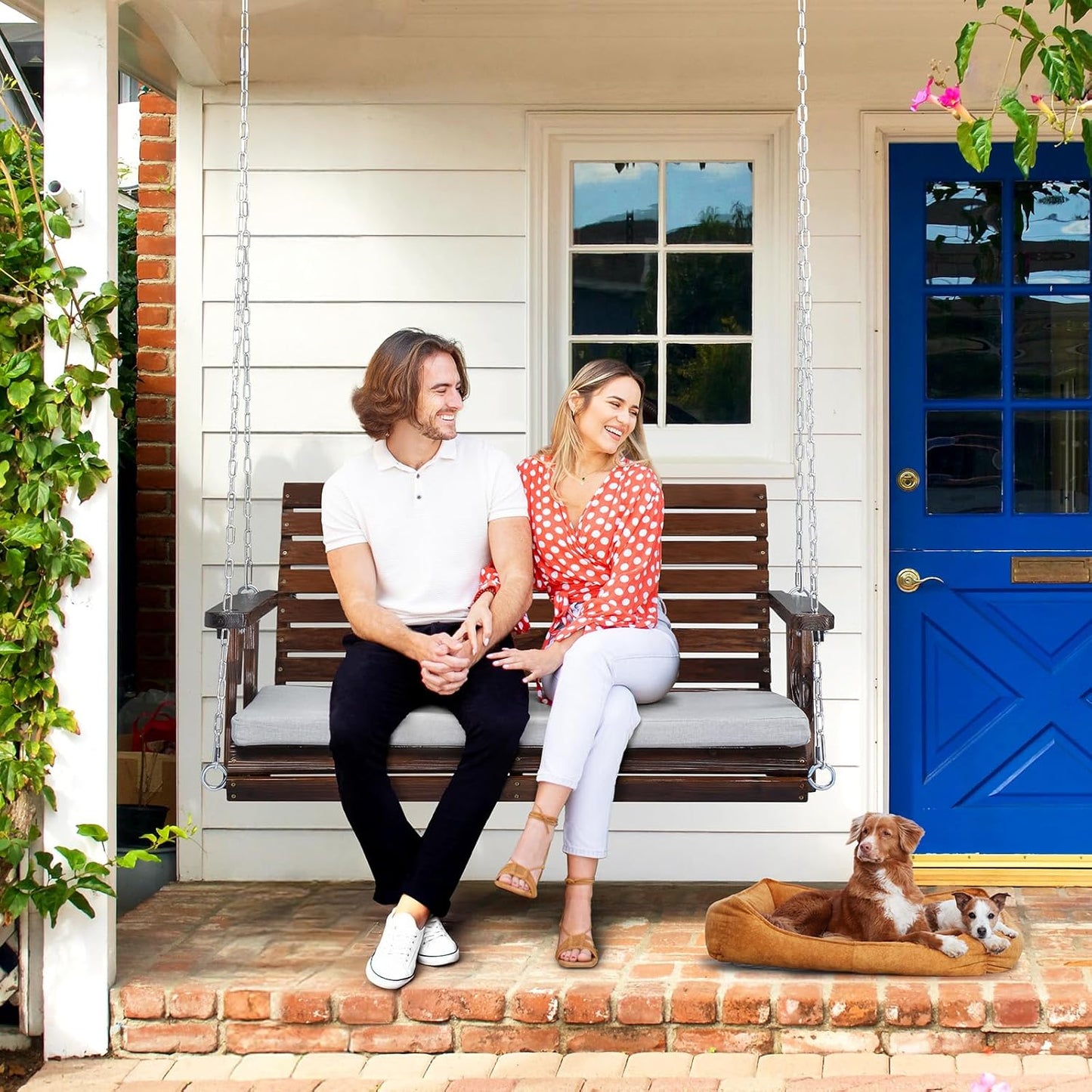 VINGLI Outdoor 4 FT Porch Swing, Heavy Duty 880 LBS Wooden Patio Swings with Cushions, Farmhouse Style Hanging Bench with Adjustable Chains for Yard | Garden | Lawn | Balcony, Rustic-VerdiqueGarden