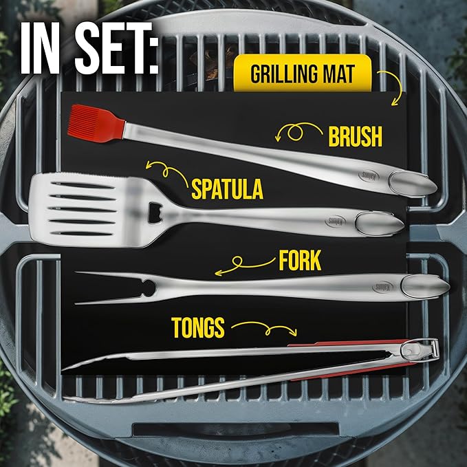 Kaluns BBQ Grilling Accessories, Grilling Gifts for Men Dad, Grill Tools for Outdoor Grill, Heavy Duty Stainless Steel Grill Set with Spatula, Tongs, Fork, Brush, & Grilling Mat, Best BBQ Gifts-VerdiqueGarden