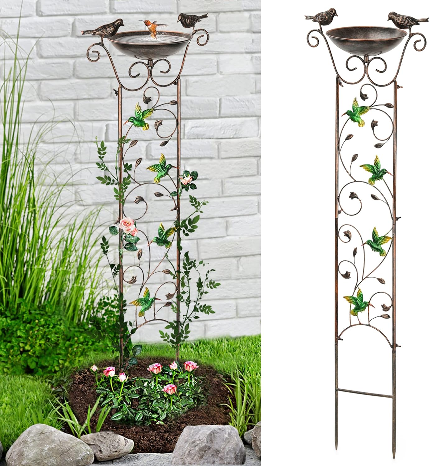 LEWIS&WAYNE Garden Trellis Bird Bath Outdoor, 40 Inch Antique Iron Garden Plant Trellis Decorative with Hummingbirds and Detachable Drinking Basin Bowl, Free Standing BirdBath Birdfeeder Station-VerdiqueGarden
