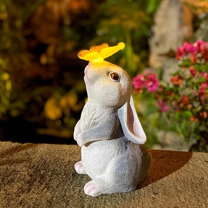 Solar Rabbit Statue Easter Bunny Decor Garden Statue for Outside, Rabbit with Butterfly Patio Sculptures Lawn Ornament, Funny Gifts for Women Mom Grandma Spring Outdoor Decor-VerdiqueGarden