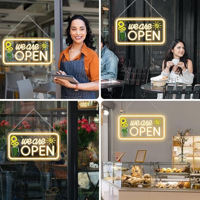 Neon We Are Open Signs for Business, 16.5x9'' Open Sign with Printed Flower and Sun, with ON/OFF Switch & Adapter, Warm White, Ideal for Window, Party, Wall, Bars, Coffee Shops, Salons, Clubs, Hotels-VerdiqueGarden