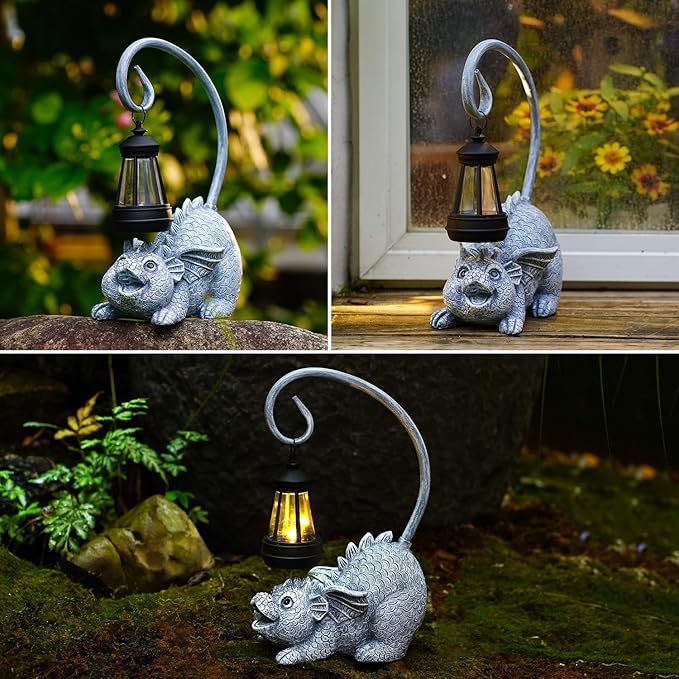 Baby Dragon Statue with Solar Lantern - Dragon Garden Decor and Housewarming Gifts for Mom, Women - Outdoor Dragon Gifts for Yard-VerdiqueGarden