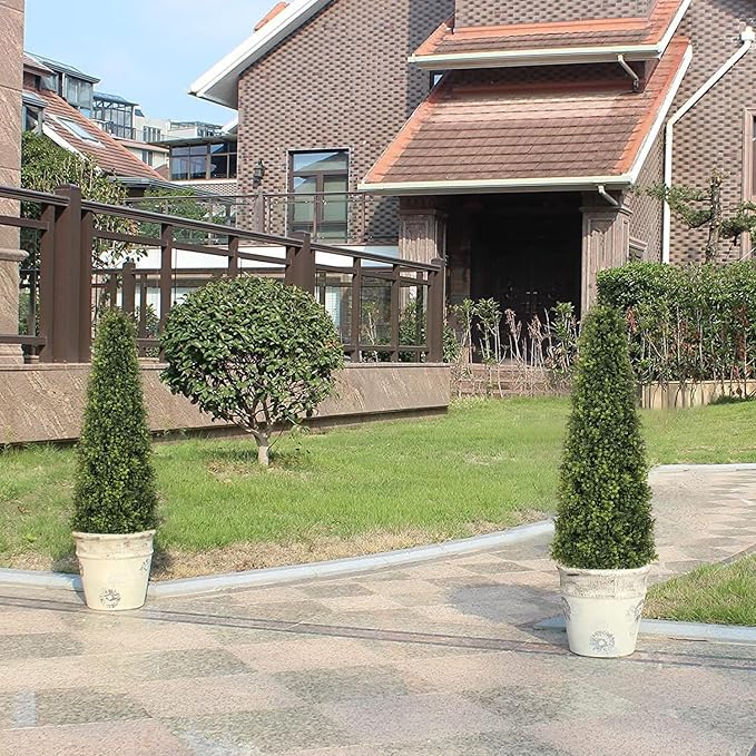 4ft Artificial Boxwood Topiary Trees (Set of 2) - UV Resistant Faux Plants Outdoor, Realistic 48in Fake Potted Bushes and Shrubs for Front Porch, Planter, Patio - Low Maintenance & Evergreen-VerdiqueGarden