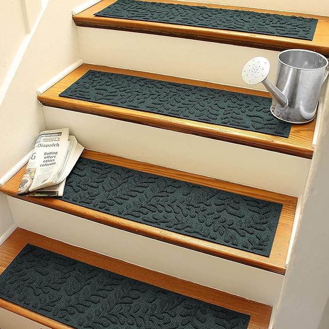 Waterhog Stair Treads (Set of 4) – 8 1/2 x 30 Inches, Durable,Water-Trapping, Indoor/Outdoor Floor Covering, Boxwood Collection – Made in USA, Evergreen