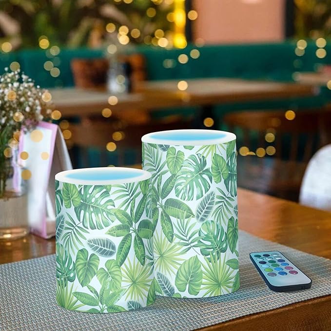 Flickering Flameless Candles, Tropical Palm Leaves Exotic LED Candles with Remote Timer, Set of 2 Battery Operated Candle for Valentine Wedding Birthday-VerdiqueGarden