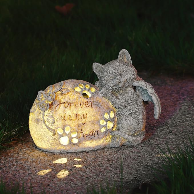 Cat Memorial Gifts Outdoor Statue with Solar Lights,Outdoor Resin Pet Ornament Grave Memorial Angel Decor Stone Effect-VerdiqueGarden
