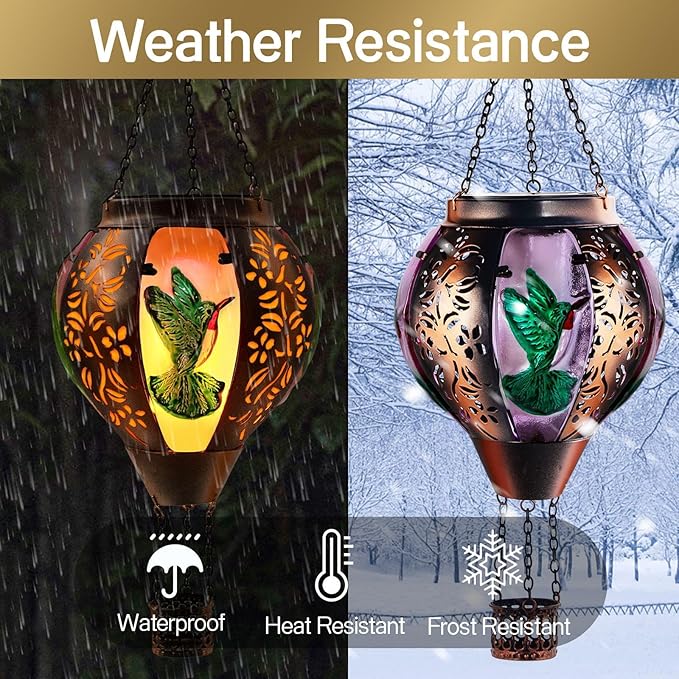 Hot Air Balloon Solar Lantern Outdoor - Flame Hanging Solar Light Waterproof Lanterns for Patio Garden Yard Farmhouse Decor, Great Gift(Hummingbird 2)-VerdiqueGarden