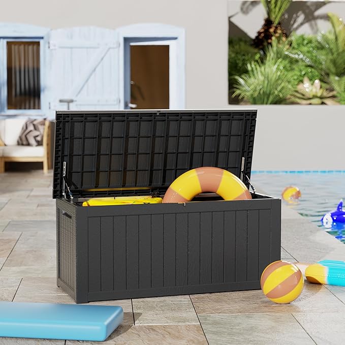 Heavy-Duty 270 Gallon Waterproof Deck Storage Box, Outdoor Storage for Garden & Patio, Lockable Resin Storage Chest for Pool Accessories, UV-Resistant, Onyx Black-VerdiqueGarden