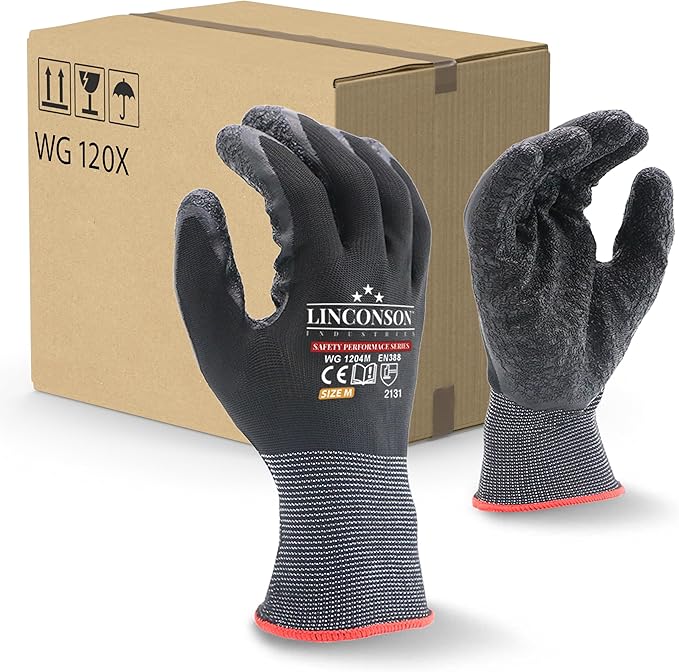linconson 12 Pack Safety Performance Series Construction Mechanics Wrinkle Latex Work Gloves-VerdiqueGarden