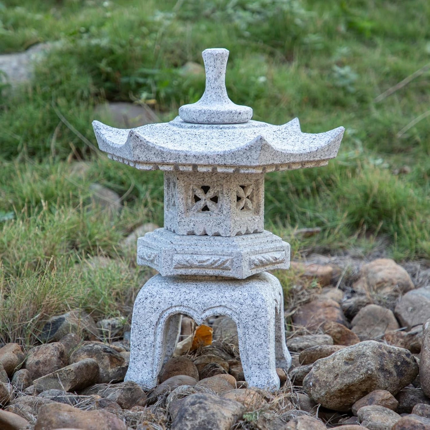 Generic Five Pieces Stone Japanese Lantern, Light Gray, Water Resistant, Granite, 16 inches H x 12.2 inches W x 12.2 inches D, Garden Decoration, Outdoor Lantern-VerdiqueGarden