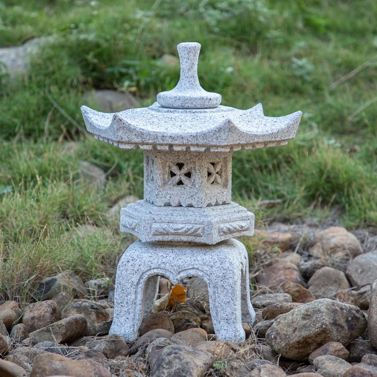 Generic Five Pieces Stone Japanese Lantern, Light Gray, Water Resistant, Granite, 16 inches H x 12.2 inches W x 12.2 inches D, Garden Decoration, Outdoor Lantern-VerdiqueGarden