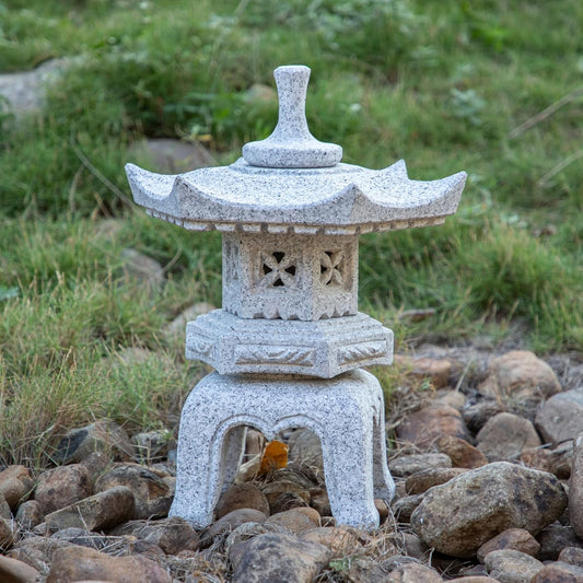 Generic Five Pieces Stone Japanese Lantern, Light Gray, Water Resistant, Granite, 16 inches H x 12.2 inches W x 12.2 inches D, Garden Decoration, Outdoor Lantern-VerdiqueGarden