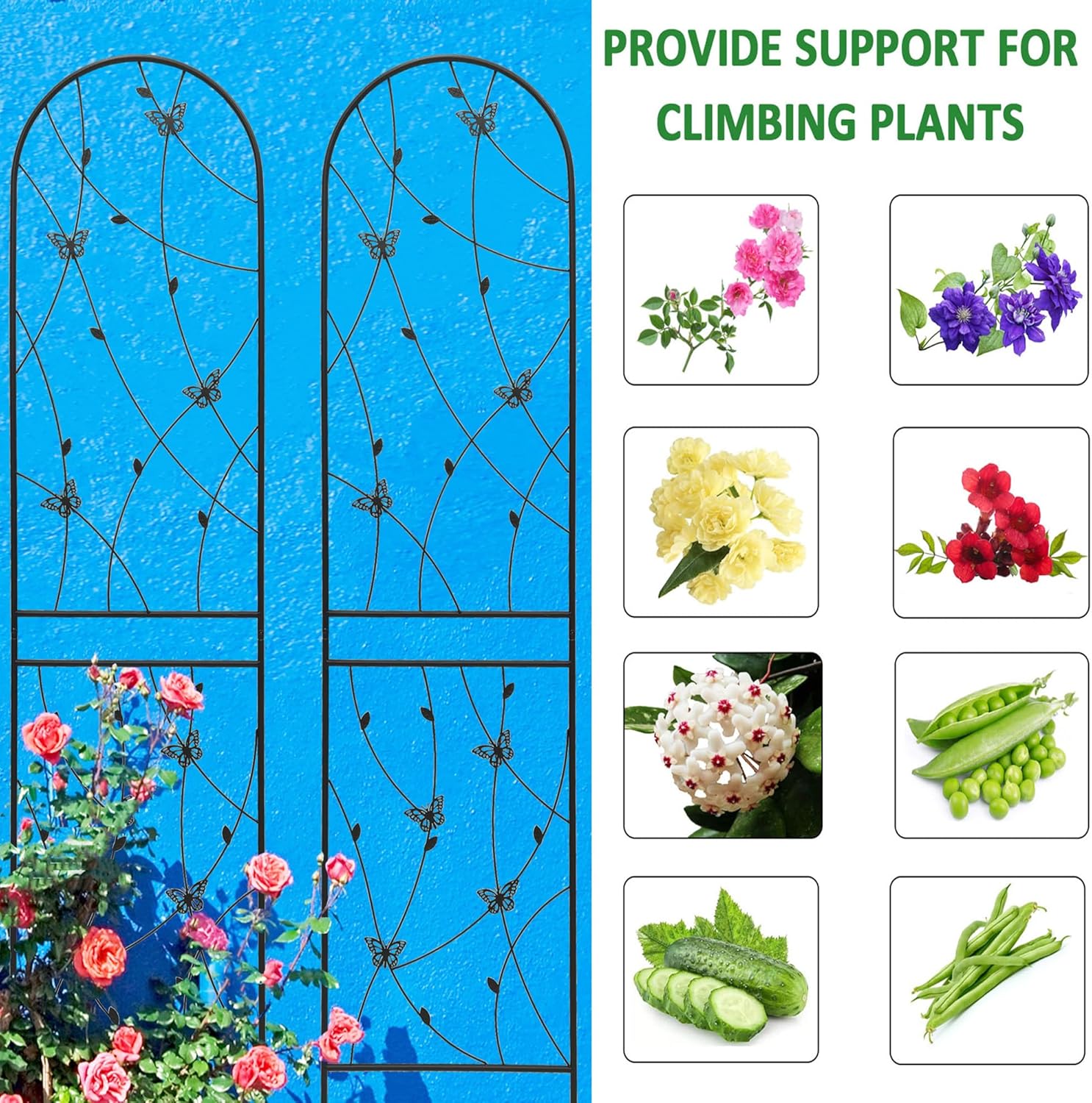 6 Pack Metal Garden Trellis 86.7" Tall Outdoor Climbing Plant Support for Roses, Flowers, Rustproof Durable Black Galvanized Tube, Lawn Garden Fence Decor Screen, 86.7" H-VerdiqueGarden