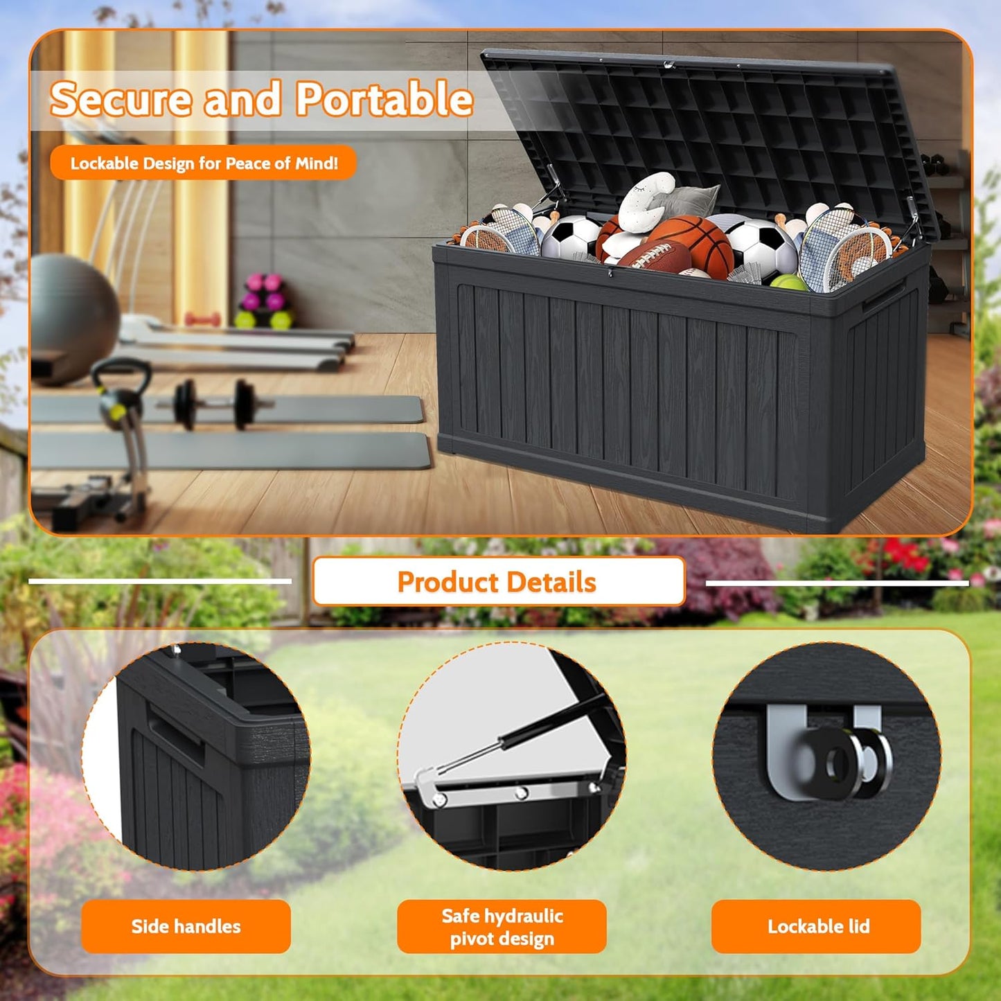 230 Gallon Double-Wall Resin Deck Box - Lockable Waterproof Outdoor Storage Box, 1000lbs Capacity & Doubles as Seating for Patio Furniture - Garden Tools, Pool Accessories (Black)-VerdiqueGarden