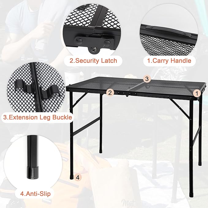 Camping Table with Mesh Desktop, Lightweight & Portable Folding Grill Table, Height Adjustable Metal Outdoor Table for Camp, Cooking, BBQ, RV, Picnic-4 FT Black-VerdiqueGarden