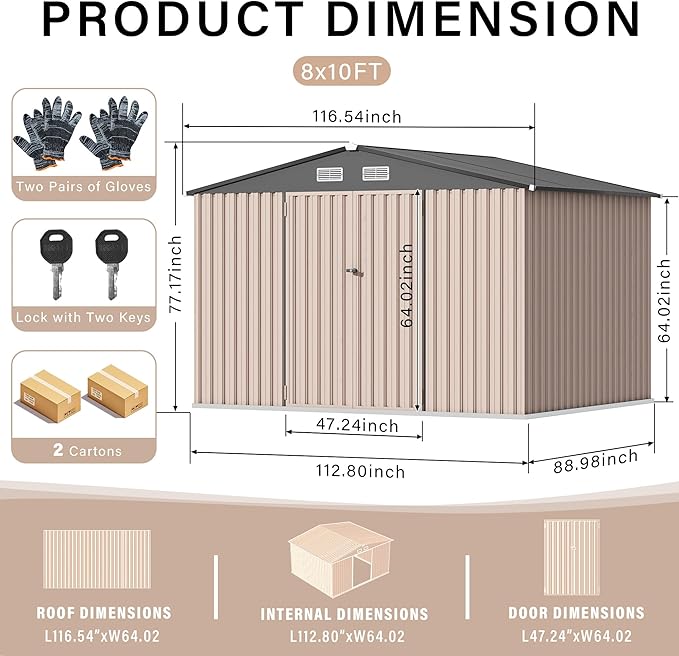 8x10 FT Metal Storage Sheds Outdoor, Metal Yard Sheds Garden Shed Kit, Tool Shed with Lockable Door, Utility Sheds Buildings with Air Vent for Backyard Garden Patio Lawn-VerdiqueGarden